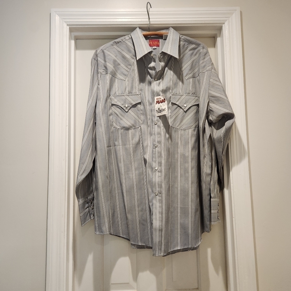 Ely Plains Vintage western pearl snap shirt with gray and white stripe XL